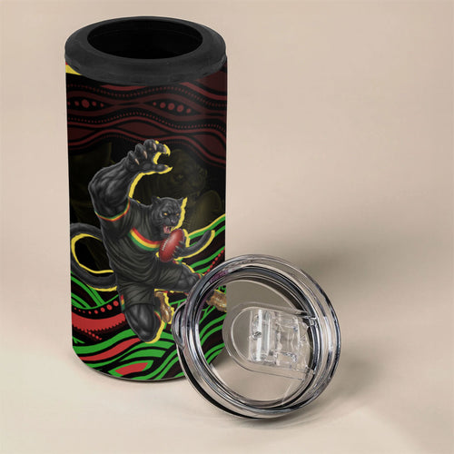 Personalized Penrith Panthers Rugby Mascot 4 in 1 Can Cooler Tumbler Aboriginal Dot Art - Dreamtime Rugby Mascot