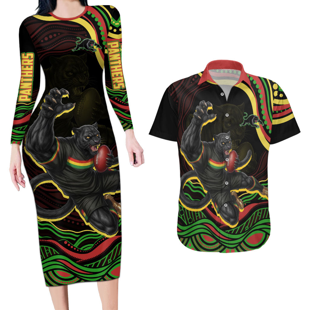 Personalized Penrith Panthers Rugby Mascot Couples Matching Long Sleeve Bodycon Dress and Hawaiian Shirt Aboriginal Dot Art - Dreamtime Rugby Mascot