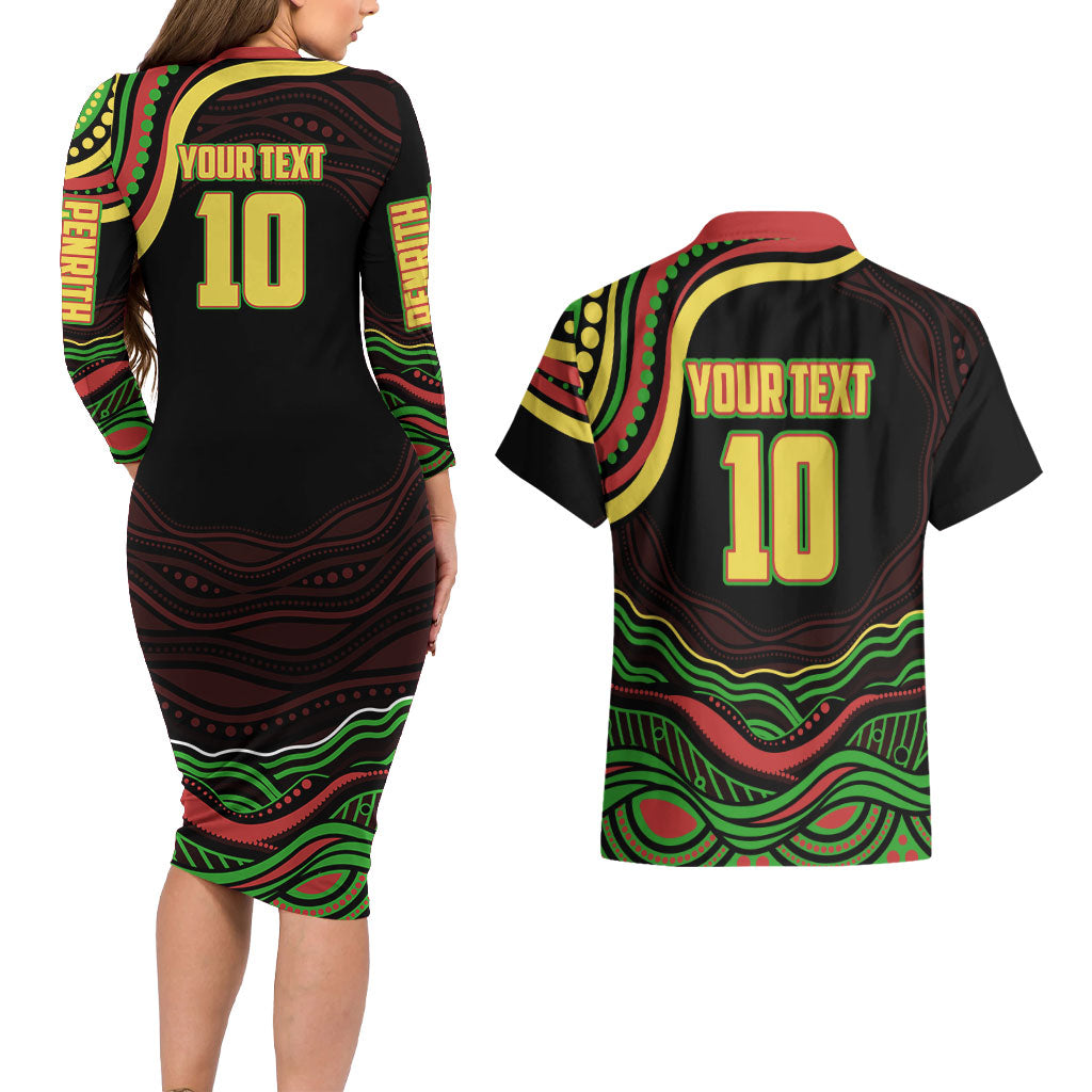 Personalized Penrith Panthers Rugby Mascot Couples Matching Long Sleeve Bodycon Dress and Hawaiian Shirt Aboriginal Dot Art - Dreamtime Rugby Mascot
