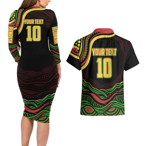 Personalized Penrith Panthers Rugby Mascot Couples Matching Long Sleeve Bodycon Dress and Hawaiian Shirt Aboriginal Dot Art - Dreamtime Rugby Mascot