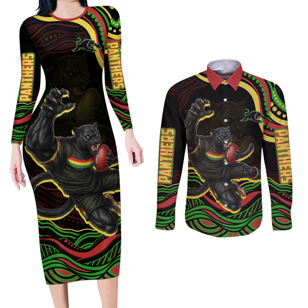 Personalized Penrith Panthers Rugby Mascot Couples Matching Long Sleeve Bodycon Dress and Long Sleeve Button Shirt Aboriginal Dot Art - Dreamtime Rugby Mascot