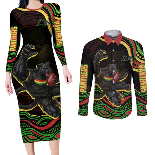 Personalized Penrith Panthers Rugby Mascot Couples Matching Long Sleeve Bodycon Dress and Long Sleeve Button Shirt Aboriginal Dot Art - Dreamtime Rugby Mascot