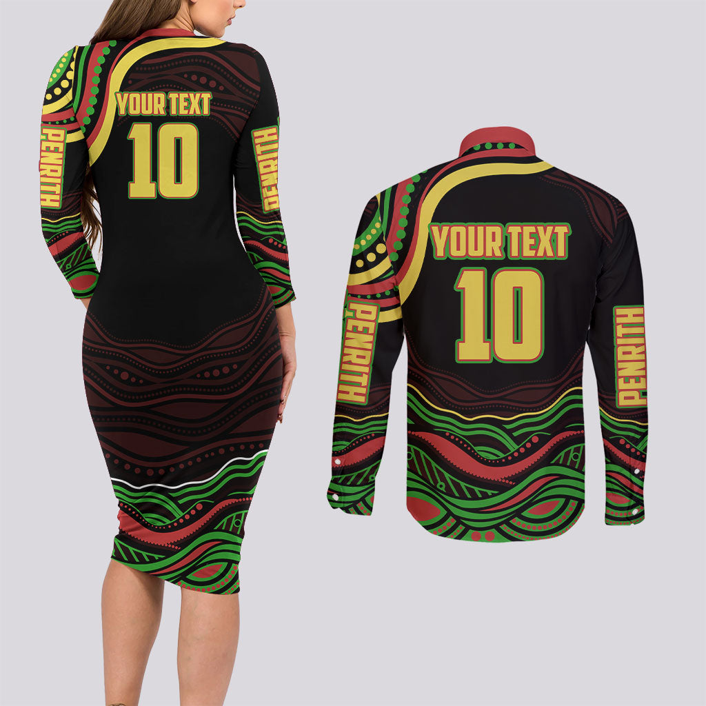 Personalized Penrith Panthers Rugby Mascot Couples Matching Long Sleeve Bodycon Dress and Long Sleeve Button Shirt Aboriginal Dot Art - Dreamtime Rugby Mascot