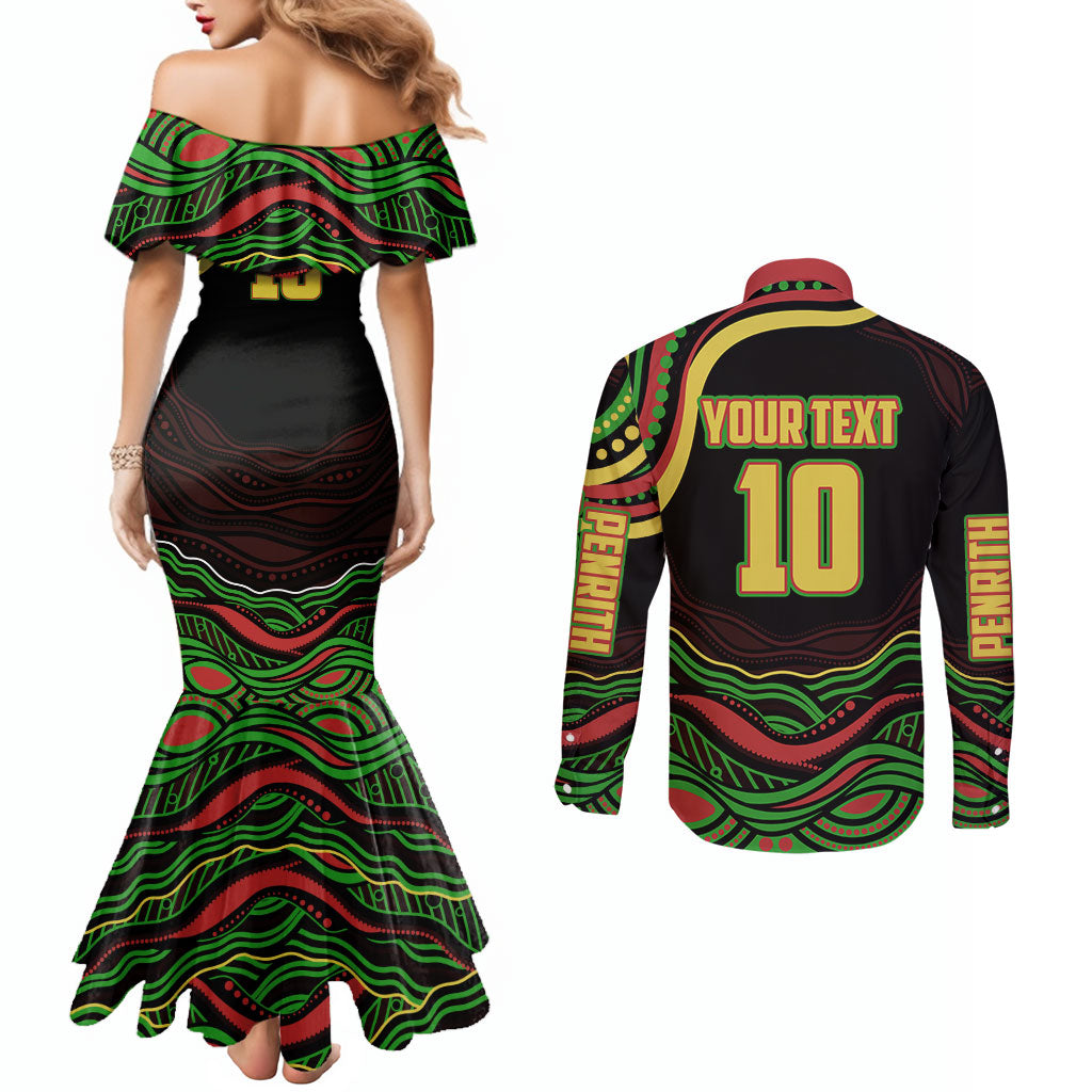 Personalized Penrith Panthers Rugby Mascot Couples Matching Mermaid Dress and Long Sleeve Button Shirt Aboriginal Dot Art - Dreamtime Rugby Mascot