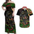 Personalized Penrith Panthers Rugby Mascot Couples Matching Off Shoulder Maxi Dress and Hawaiian Shirt Aboriginal Dot Art - Dreamtime Rugby Mascot