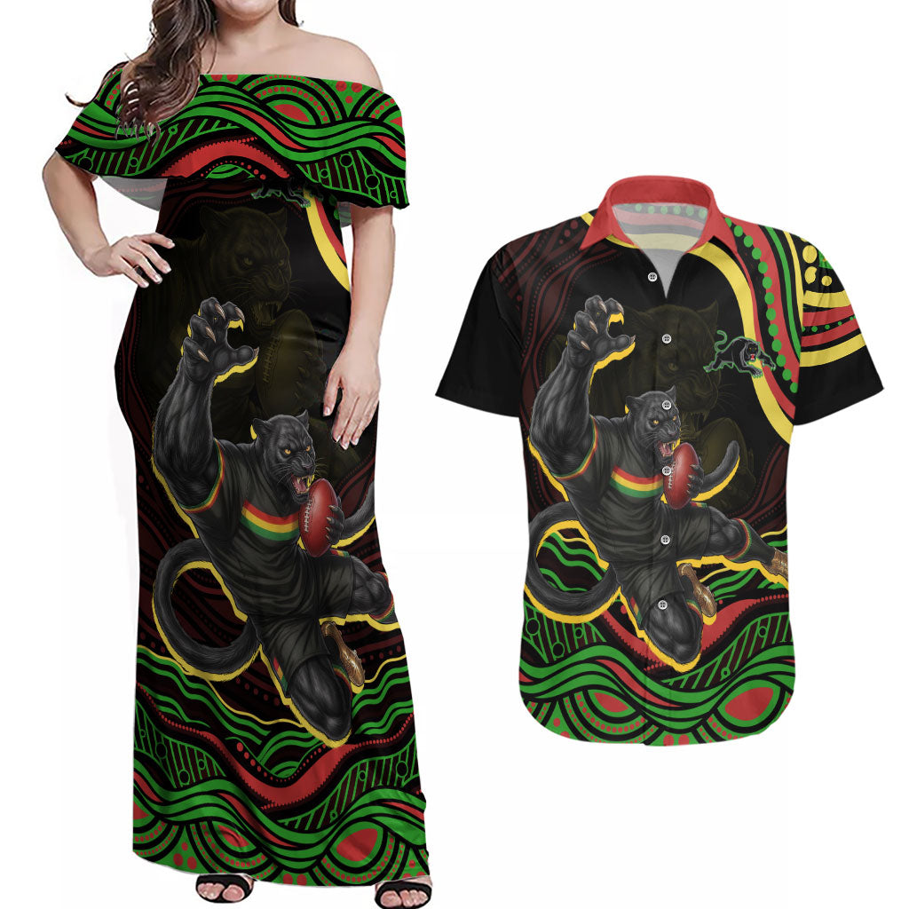 Personalized Penrith Panthers Rugby Mascot Couples Matching Off Shoulder Maxi Dress and Hawaiian Shirt Aboriginal Dot Art - Dreamtime Rugby Mascot