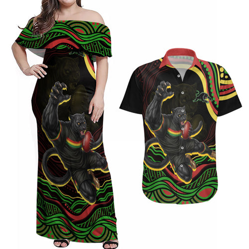 Personalized Penrith Panthers Rugby Mascot Couples Matching Off Shoulder Maxi Dress and Hawaiian Shirt Aboriginal Dot Art - Dreamtime Rugby Mascot