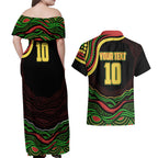 Personalized Penrith Panthers Rugby Mascot Couples Matching Off Shoulder Maxi Dress and Hawaiian Shirt Aboriginal Dot Art - Dreamtime Rugby Mascot