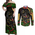 Personalized Penrith Panthers Rugby Mascot Couples Matching Off Shoulder Maxi Dress and Long Sleeve Button Shirt Aboriginal Dot Art - Dreamtime Rugby Mascot