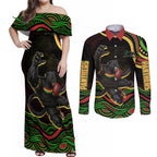 Personalized Penrith Panthers Rugby Mascot Couples Matching Off Shoulder Maxi Dress and Long Sleeve Button Shirt Aboriginal Dot Art - Dreamtime Rugby Mascot