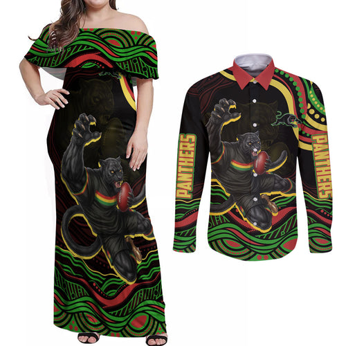 Personalized Penrith Panthers Rugby Mascot Couples Matching Off Shoulder Maxi Dress and Long Sleeve Button Shirt Aboriginal Dot Art - Dreamtime Rugby Mascot