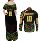 Personalized Penrith Panthers Rugby Mascot Couples Matching Off Shoulder Maxi Dress and Long Sleeve Button Shirt Aboriginal Dot Art - Dreamtime Rugby Mascot