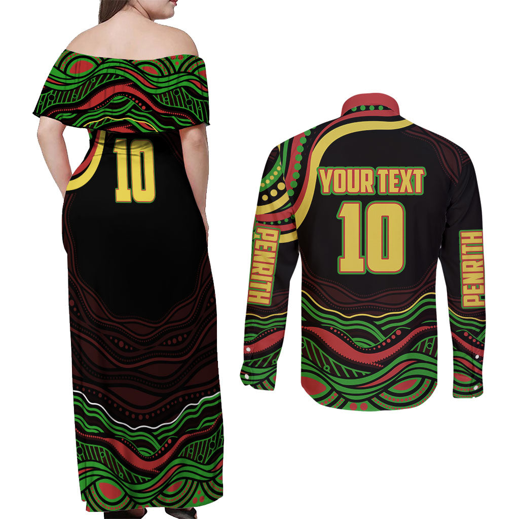 Personalized Penrith Panthers Rugby Mascot Couples Matching Off Shoulder Maxi Dress and Long Sleeve Button Shirt Aboriginal Dot Art - Dreamtime Rugby Mascot