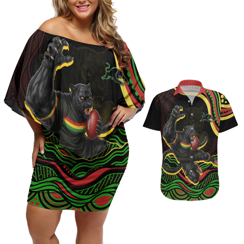 Personalized Penrith Panthers Rugby Mascot Couples Matching Off Shoulder Short Dress and Hawaiian Shirt Aboriginal Dot Art - Dreamtime Rugby Mascot