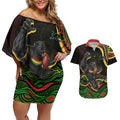 Personalized Penrith Panthers Rugby Mascot Couples Matching Off Shoulder Short Dress and Hawaiian Shirt Aboriginal Dot Art - Dreamtime Rugby Mascot