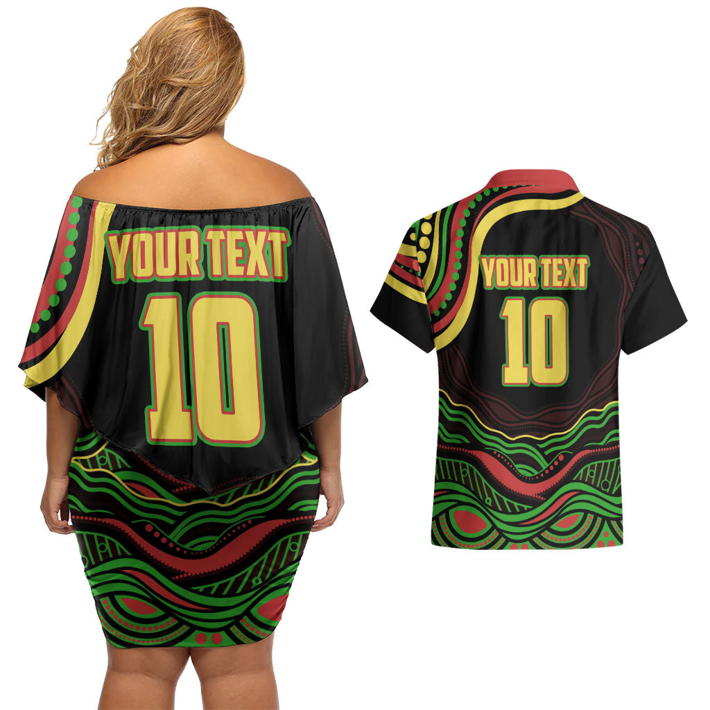 Personalized Penrith Panthers Rugby Mascot Couples Matching Off Shoulder Short Dress and Hawaiian Shirt Aboriginal Dot Art - Dreamtime Rugby Mascot