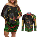 Personalized Penrith Panthers Rugby Mascot Couples Matching Off Shoulder Short Dress and Long Sleeve Button Shirt Aboriginal Dot Art - Dreamtime Rugby Mascot