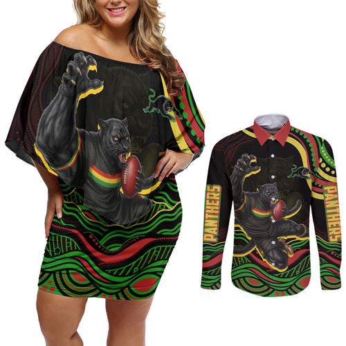 Personalized Penrith Panthers Rugby Mascot Couples Matching Off Shoulder Short Dress and Long Sleeve Button Shirt Aboriginal Dot Art - Dreamtime Rugby Mascot