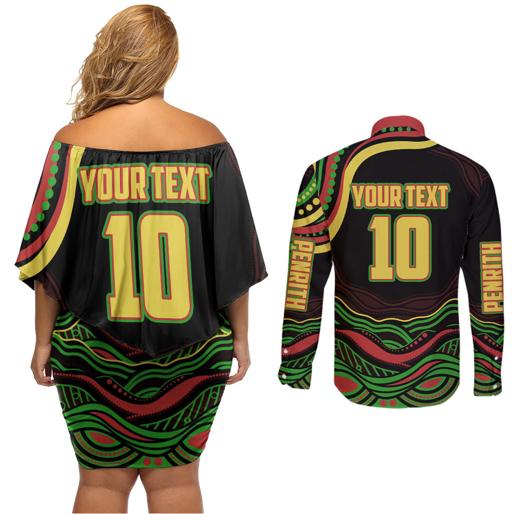 Personalized Penrith Panthers Rugby Mascot Couples Matching Off Shoulder Short Dress and Long Sleeve Button Shirt Aboriginal Dot Art - Dreamtime Rugby Mascot