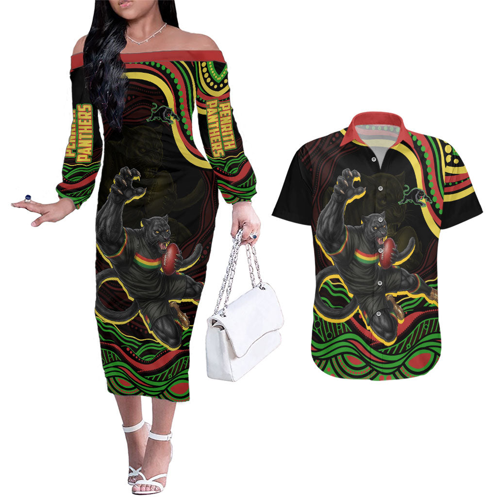 Personalized Penrith Panthers Rugby Mascot Couples Matching Off The Shoulder Long Sleeve Dress and Hawaiian Shirt Aboriginal Dot Art - Dreamtime Rugby Mascot