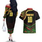 Personalized Penrith Panthers Rugby Mascot Couples Matching Off The Shoulder Long Sleeve Dress and Hawaiian Shirt Aboriginal Dot Art - Dreamtime Rugby Mascot