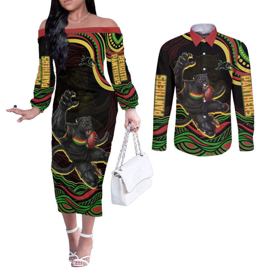 Personalized Penrith Panthers Rugby Mascot Couples Matching Off The Shoulder Long Sleeve Dress and Long Sleeve Button Shirt Aboriginal Dot Art - Dreamtime Rugby Mascot