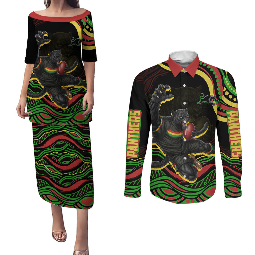 Personalized Penrith Panthers Rugby Mascot Couples Matching Puletasi and Long Sleeve Button Shirt Aboriginal Dot Art - Dreamtime Rugby Mascot