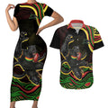 Personalized Penrith Panthers Rugby Mascot Couples Matching Short Sleeve Bodycon Dress and Hawaiian Shirt Aboriginal Dot Art - Dreamtime Rugby Mascot