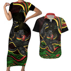 Personalized Penrith Panthers Rugby Mascot Couples Matching Short Sleeve Bodycon Dress and Hawaiian Shirt Aboriginal Dot Art - Dreamtime Rugby Mascot