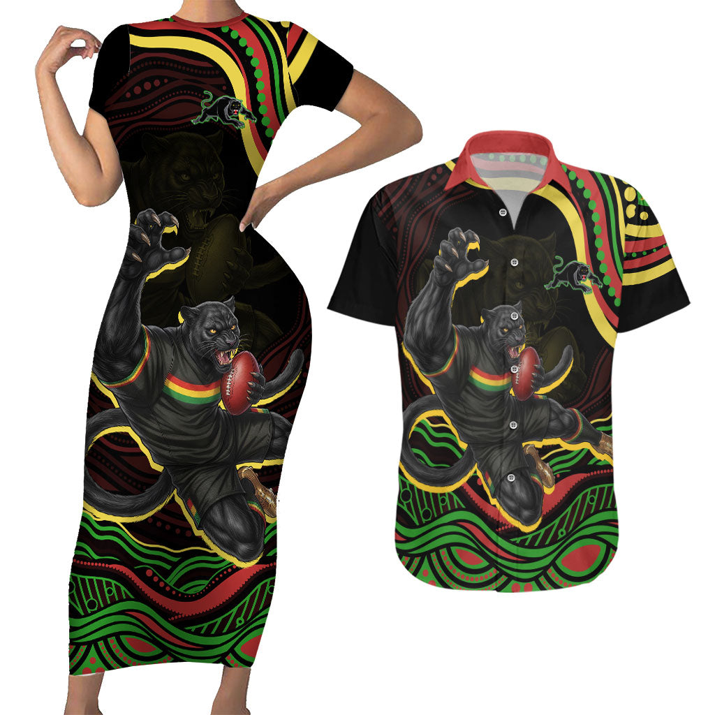Personalized Penrith Panthers Rugby Mascot Couples Matching Short Sleeve Bodycon Dress and Hawaiian Shirt Aboriginal Dot Art - Dreamtime Rugby Mascot