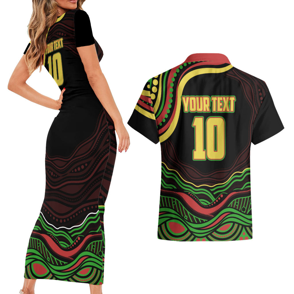 Personalized Penrith Panthers Rugby Mascot Couples Matching Short Sleeve Bodycon Dress and Hawaiian Shirt Aboriginal Dot Art - Dreamtime Rugby Mascot