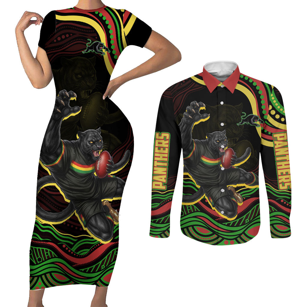Personalized Penrith Panthers Rugby Mascot Couples Matching Short Sleeve Bodycon Dress and Long Sleeve Button Shirt Aboriginal Dot Art - Dreamtime Rugby Mascot