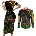 Personalized Penrith Panthers Rugby Mascot Couples Matching Short Sleeve Bodycon Dress and Long Sleeve Button Shirt Aboriginal Dot Art - Dreamtime Rugby Mascot