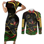 Personalized Penrith Panthers Rugby Mascot Couples Matching Short Sleeve Bodycon Dress and Long Sleeve Button Shirt Aboriginal Dot Art - Dreamtime Rugby Mascot
