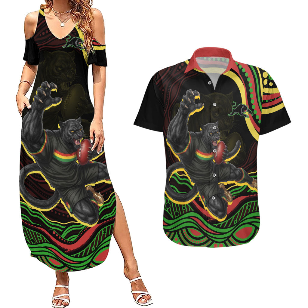 Personalized Penrith Panthers Rugby Mascot Couples Matching Summer Maxi Dress and Hawaiian Shirt Aboriginal Dot Art - Dreamtime Rugby Mascot