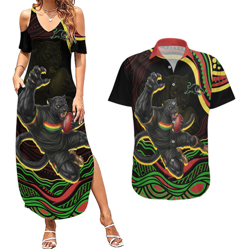 Personalized Penrith Panthers Rugby Mascot Couples Matching Summer Maxi Dress and Hawaiian Shirt Aboriginal Dot Art - Dreamtime Rugby Mascot