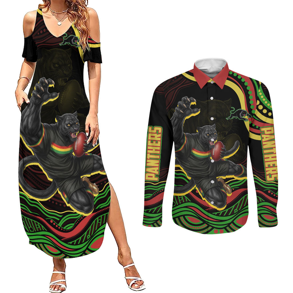 Personalized Penrith Panthers Rugby Mascot Couples Matching Summer Maxi Dress and Long Sleeve Button Shirt Aboriginal Dot Art - Dreamtime Rugby Mascot