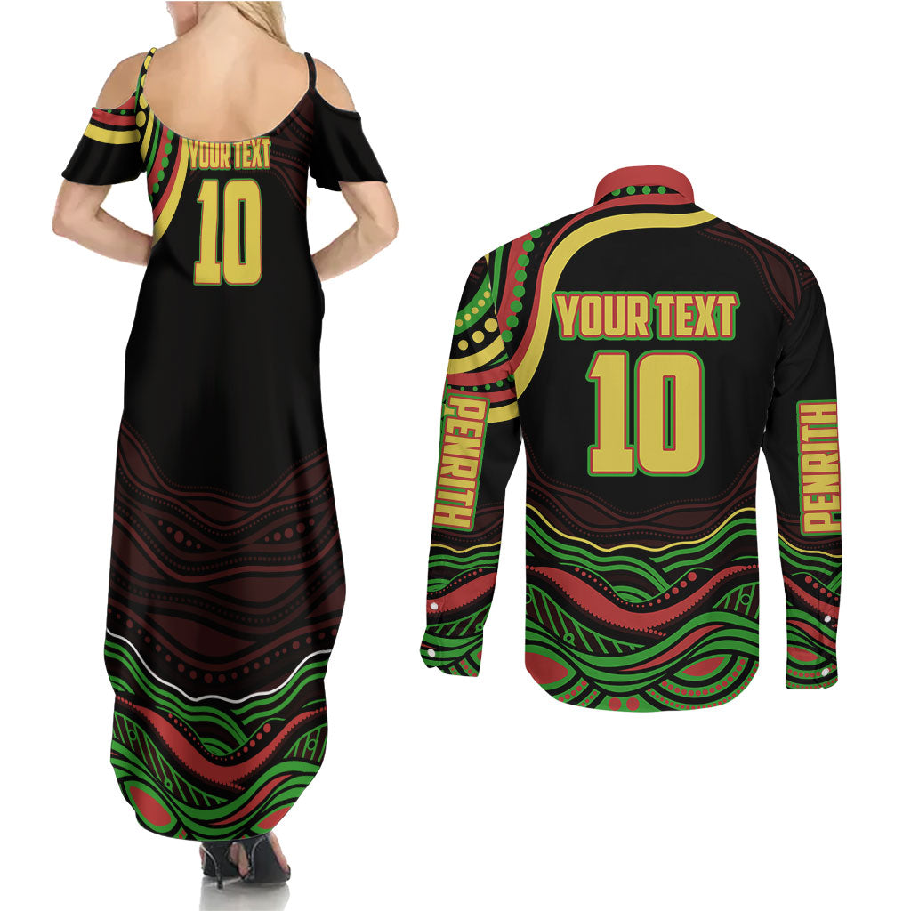 Personalized Penrith Panthers Rugby Mascot Couples Matching Summer Maxi Dress and Long Sleeve Button Shirt Aboriginal Dot Art - Dreamtime Rugby Mascot