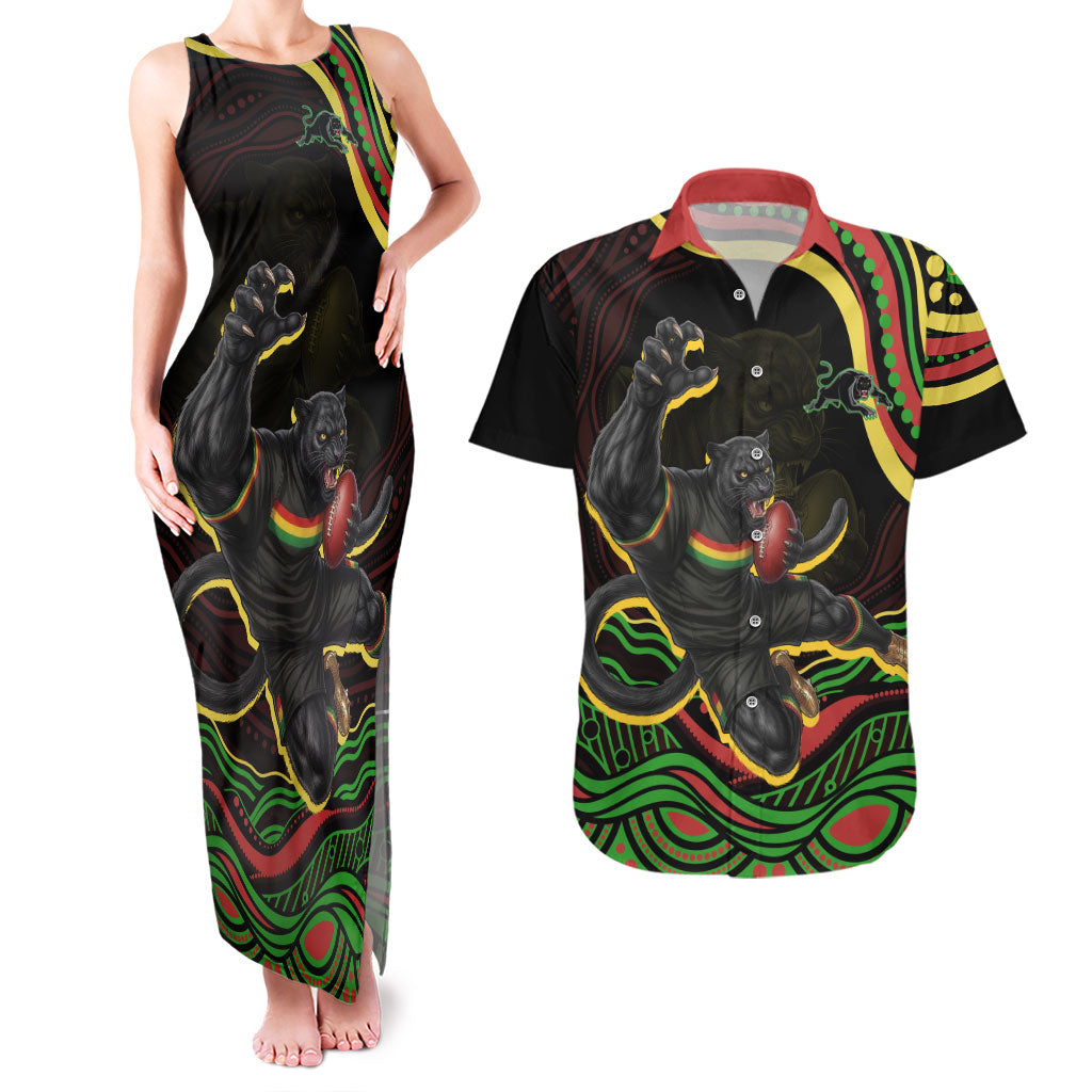 Personalized Penrith Panthers Rugby Mascot Couples Matching Tank Maxi Dress and Hawaiian Shirt Aboriginal Dot Art - Dreamtime Rugby Mascot