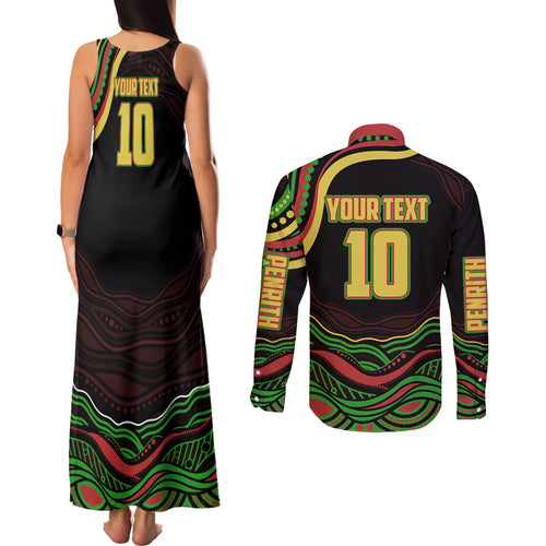 Personalized Penrith Panthers Rugby Mascot Couples Matching Tank Maxi Dress and Long Sleeve Button Shirt Aboriginal Dot Art - Dreamtime Rugby Mascot
