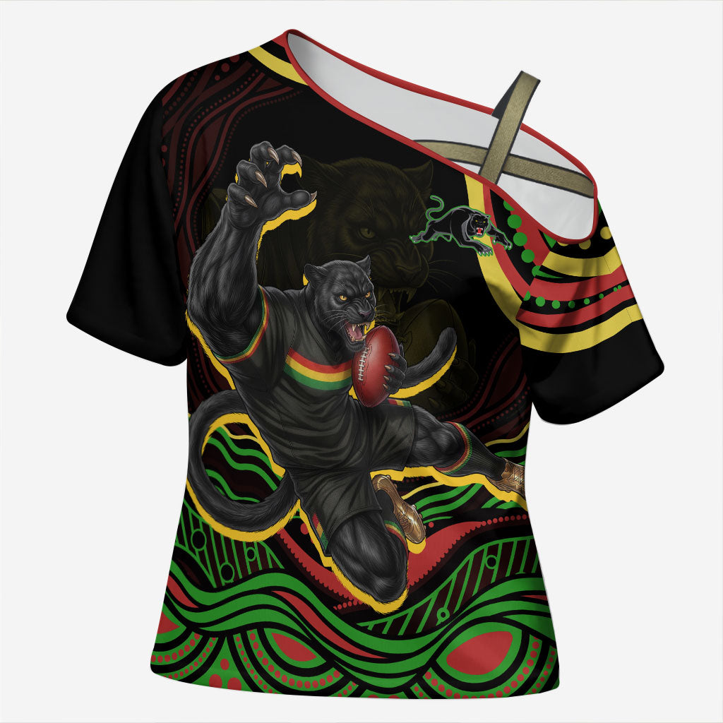 Personalized Penrith Panthers Rugby Mascot Cross Shoulder Shirt Aboriginal Dot Art - Dreamtime Rugby Mascot