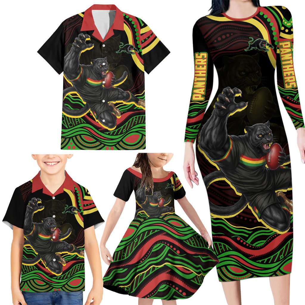 Personalized Penrith Panthers Rugby Mascot Family Matching Long Sleeve Bodycon Dress and Hawaiian Shirt Aboriginal Dot Art - Dreamtime Rugby Mascot