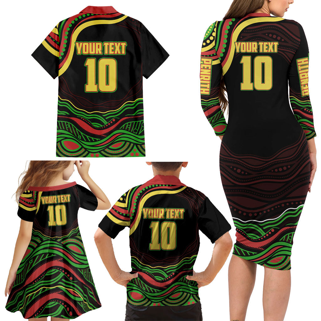 Personalized Penrith Panthers Rugby Mascot Family Matching Long Sleeve Bodycon Dress and Hawaiian Shirt Aboriginal Dot Art - Dreamtime Rugby Mascot