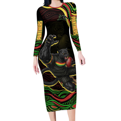 Personalized Penrith Panthers Rugby Mascot Family Matching Long Sleeve Bodycon Dress and Hawaiian Shirt Aboriginal Dot Art - Dreamtime Rugby Mascot