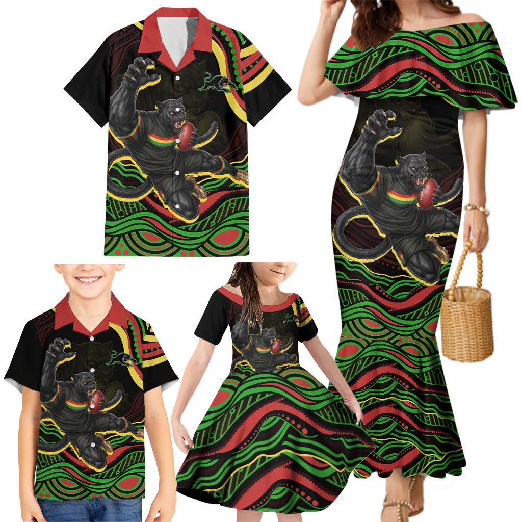Personalized Penrith Panthers Rugby Mascot Family Matching Mermaid Dress and Hawaiian Shirt Aboriginal Dot Art - Dreamtime Rugby Mascot