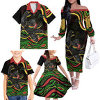 Personalized Penrith Panthers Rugby Mascot Family Matching Off The Shoulder Long Sleeve Dress and Hawaiian Shirt Aboriginal Dot Art - Dreamtime Rugby Mascot