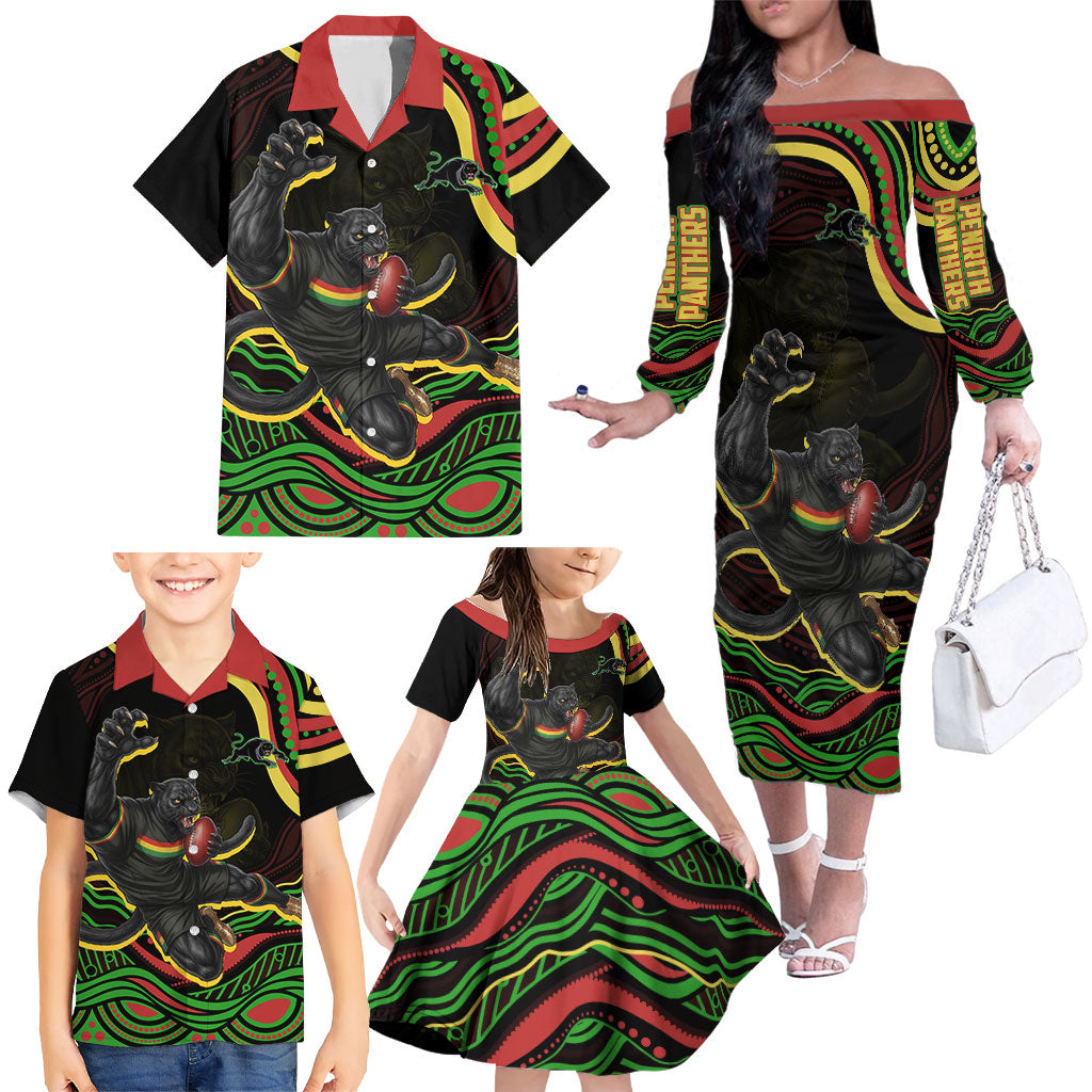 Personalized Penrith Panthers Rugby Mascot Family Matching Off The Shoulder Long Sleeve Dress and Hawaiian Shirt Aboriginal Dot Art - Dreamtime Rugby Mascot