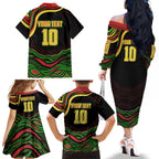 Personalized Penrith Panthers Rugby Mascot Family Matching Off The Shoulder Long Sleeve Dress and Hawaiian Shirt Aboriginal Dot Art - Dreamtime Rugby Mascot
