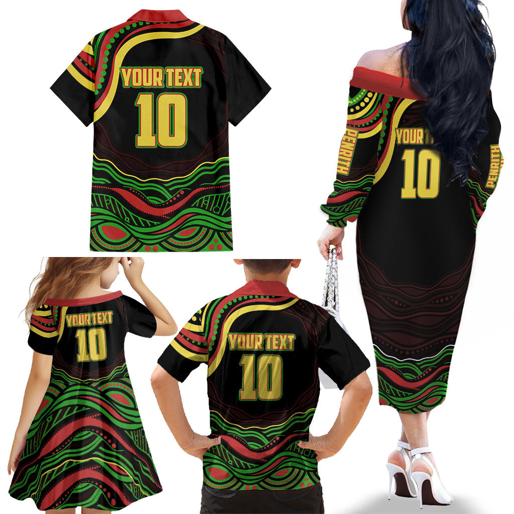 Personalized Penrith Panthers Rugby Mascot Family Matching Off The Shoulder Long Sleeve Dress and Hawaiian Shirt Aboriginal Dot Art - Dreamtime Rugby Mascot