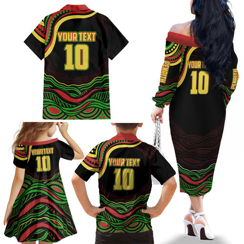 Personalized Penrith Panthers Rugby Mascot Family Matching Off The Shoulder Long Sleeve Dress and Hawaiian Shirt Aboriginal Dot Art - Dreamtime Rugby Mascot